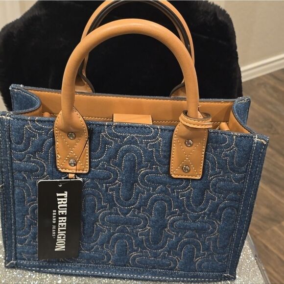 True Religion Quilted Horseshoe Modern Denim Tote Bag - Picture 13 of 16